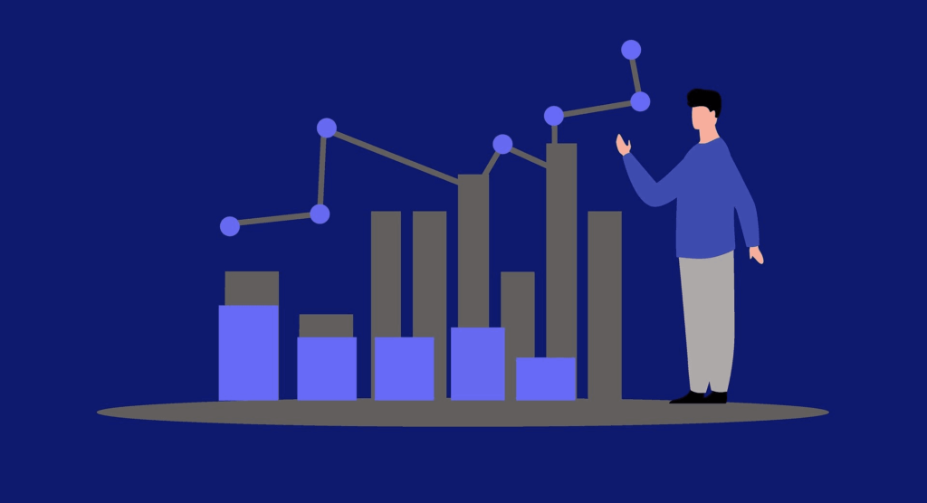 Illustration of a person analyzing stock or cryptocurrency market trends with bar graphs and line charts – a visual guide for beginners in trading.