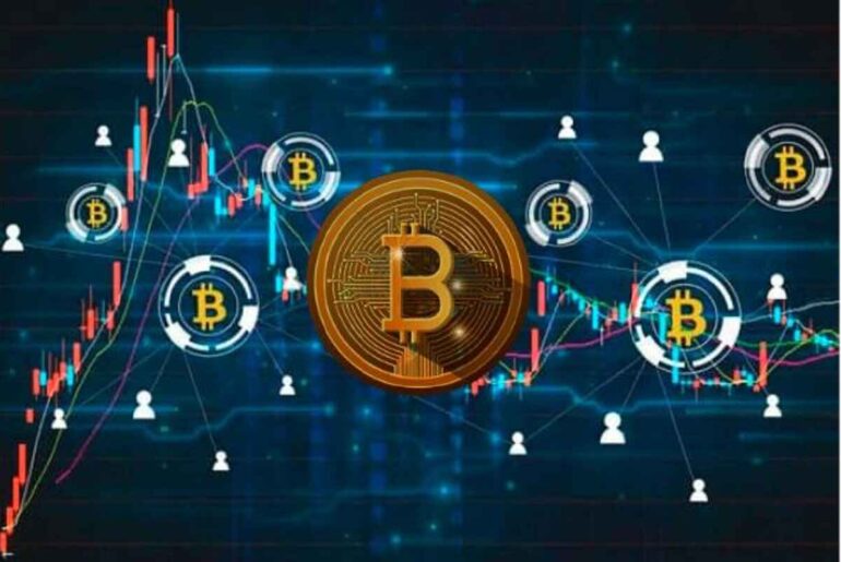 A dynamic visualization of Bitcoin Spark network with its digital connections and growth indicators, showcasing decentralized cryptocurrency transactions and trends.