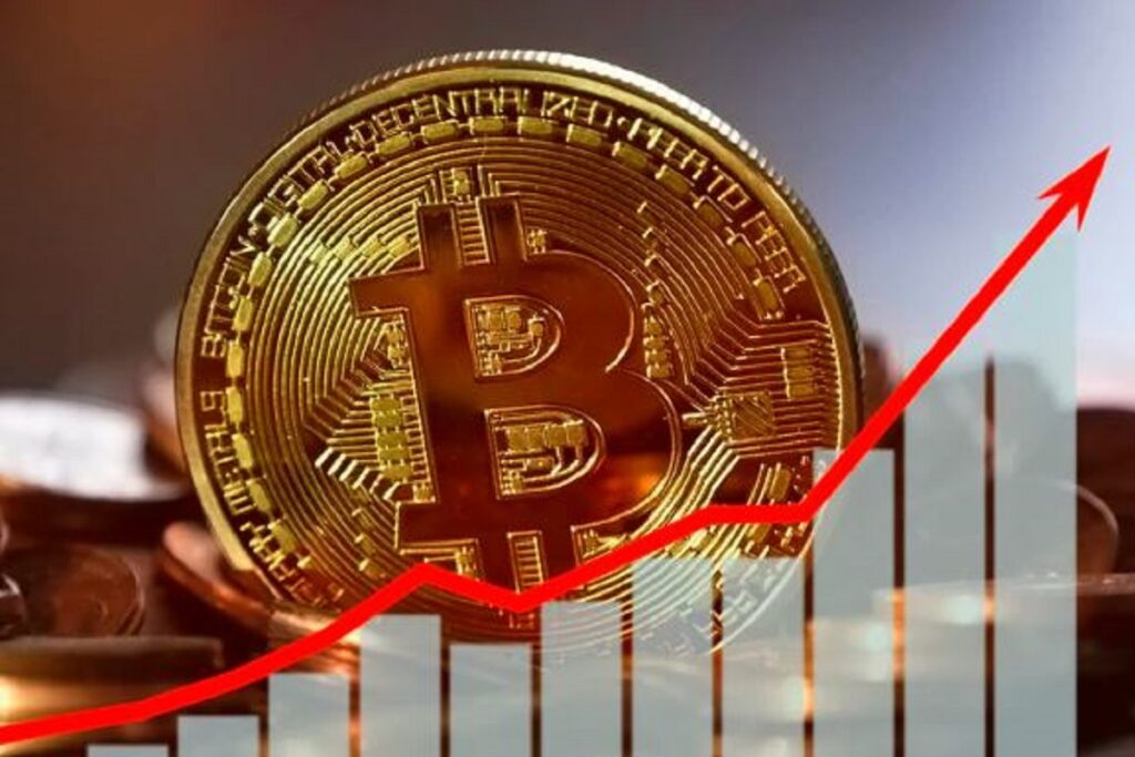 Gold Bitcoin coin with a rising red line graph symbolizing price growth, representing Bitcoin price prediction 2025.