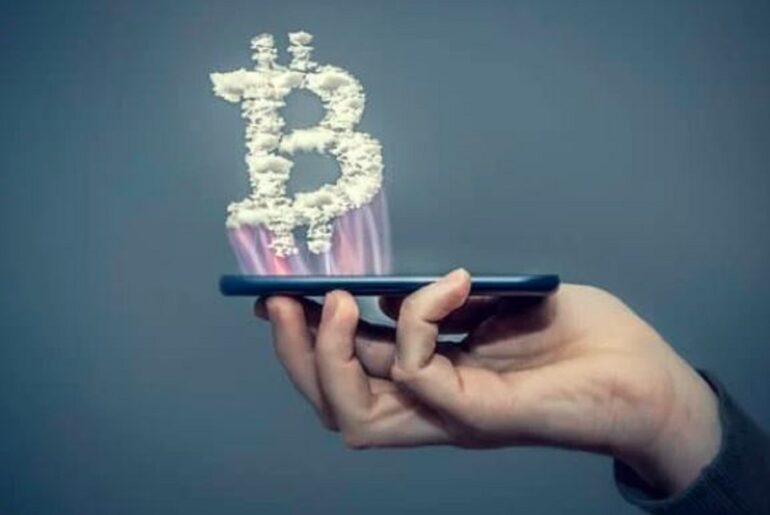 Digital Bitcoin symbol emerging from a smartphone, representing future predictions for Bitcoin's price in 2025. Bitcoin price prediction trends in the crypto market.