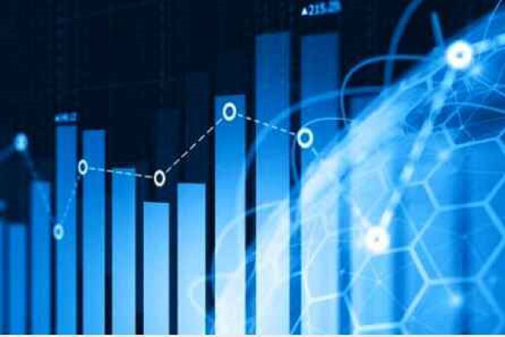 A blue-toned chart with rising bar graphs and connecting data points, representing liquidity in trading and the fluidity of buying and selling assets in global markets.