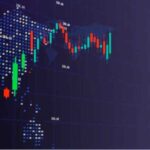 Forex market sentiment represented by a candlestick chart on a digital world map background.