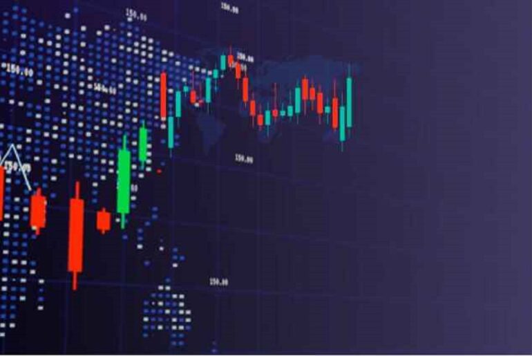 Forex market sentiment represented by a candlestick chart on a digital world map background.